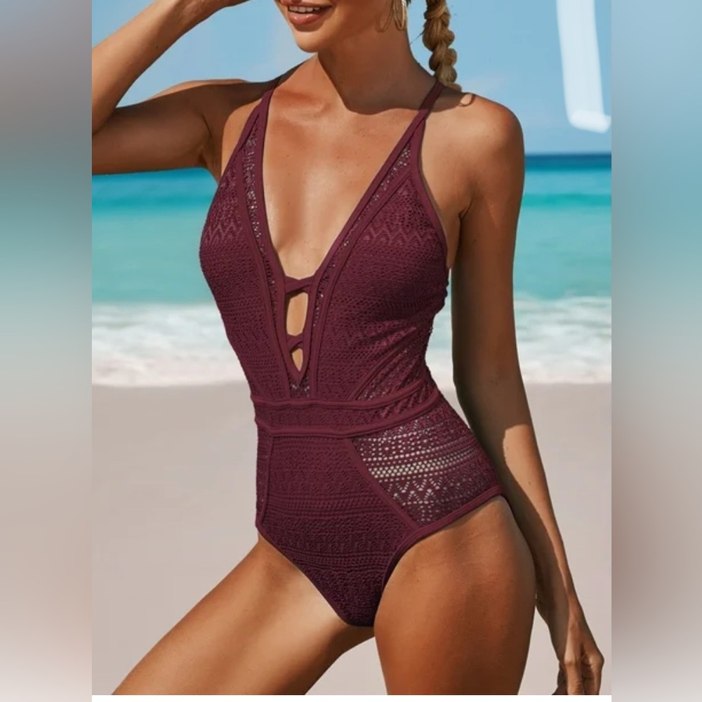 Chic Burgundy Lace One-Piece Swimsuit